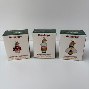 Old World Christmas Gumdrops Set of 3 Mini‎ Ornaments Coffee + Bee + Mushroom